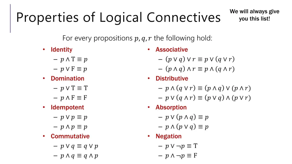 properties of logical connectives