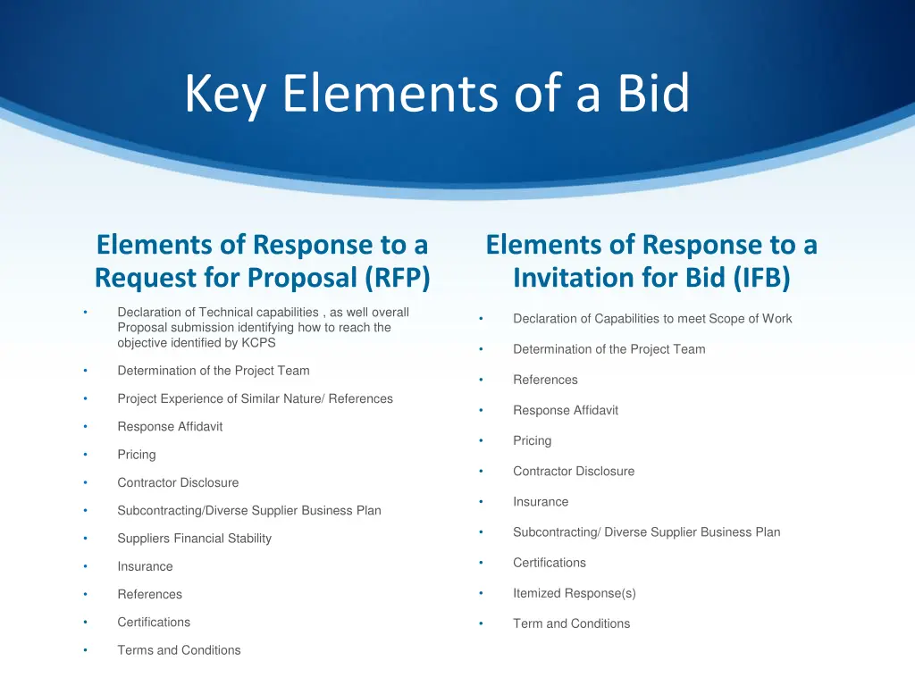 key elements of a bid