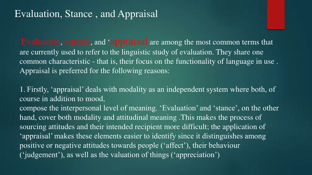 evaluation stance and appraisal