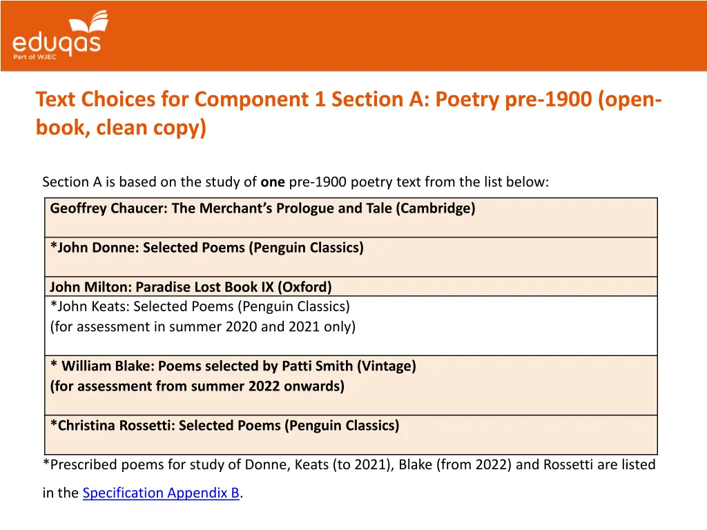 text choices for component 1 section a poetry