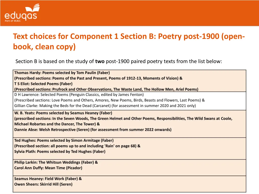 text choices for component 1 section b poetry
