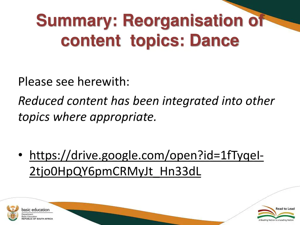 summary reorganisation of content topics dance
