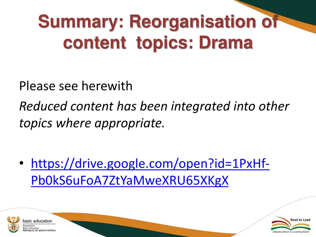 summary reorganisation of content topics drama