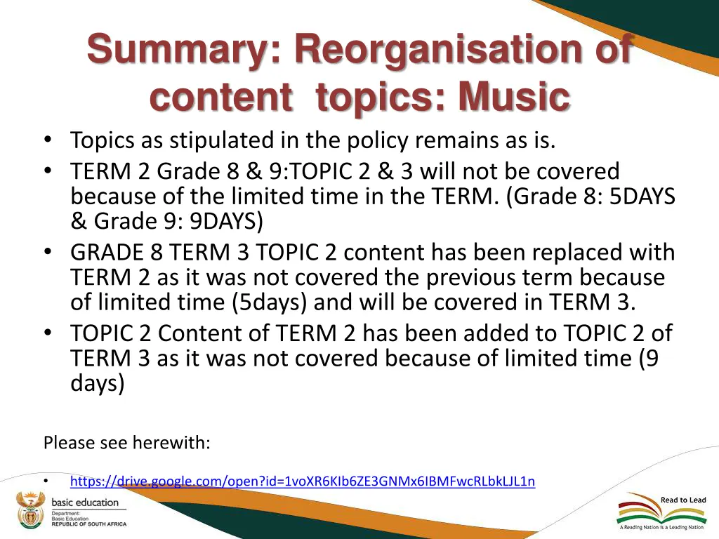 summary reorganisation of content topics music