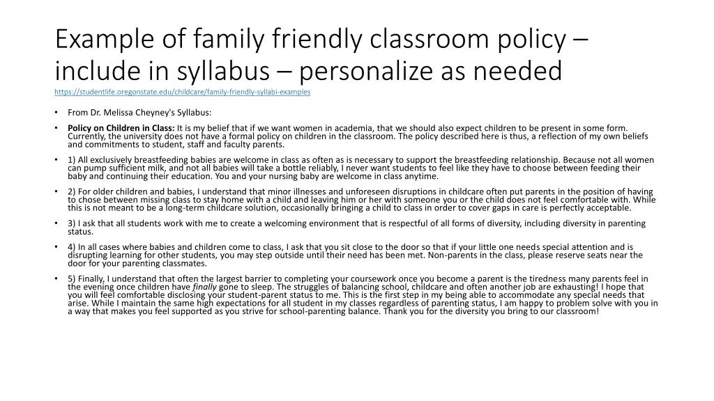 example of family friendly classroom policy