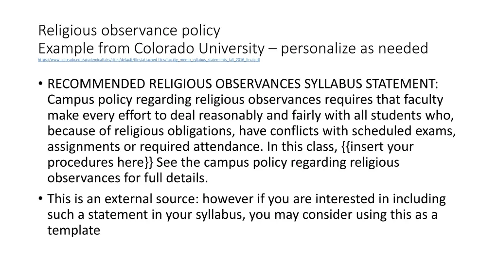 religious observance policy example from colorado