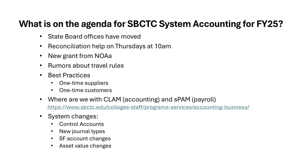 what is on the agenda for sbctc system accounting