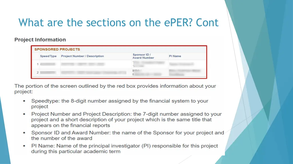 what are the sections on the eper cont
