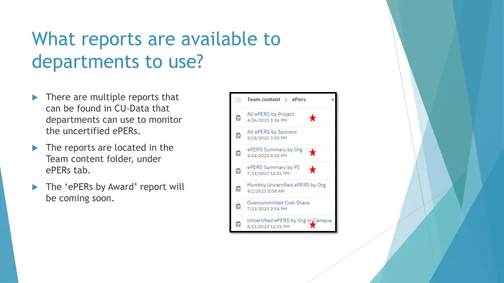 what reports are available to departments to use