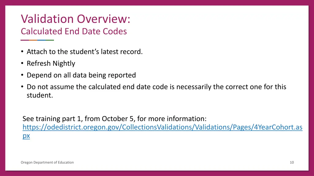 validation overview calculated end date codes