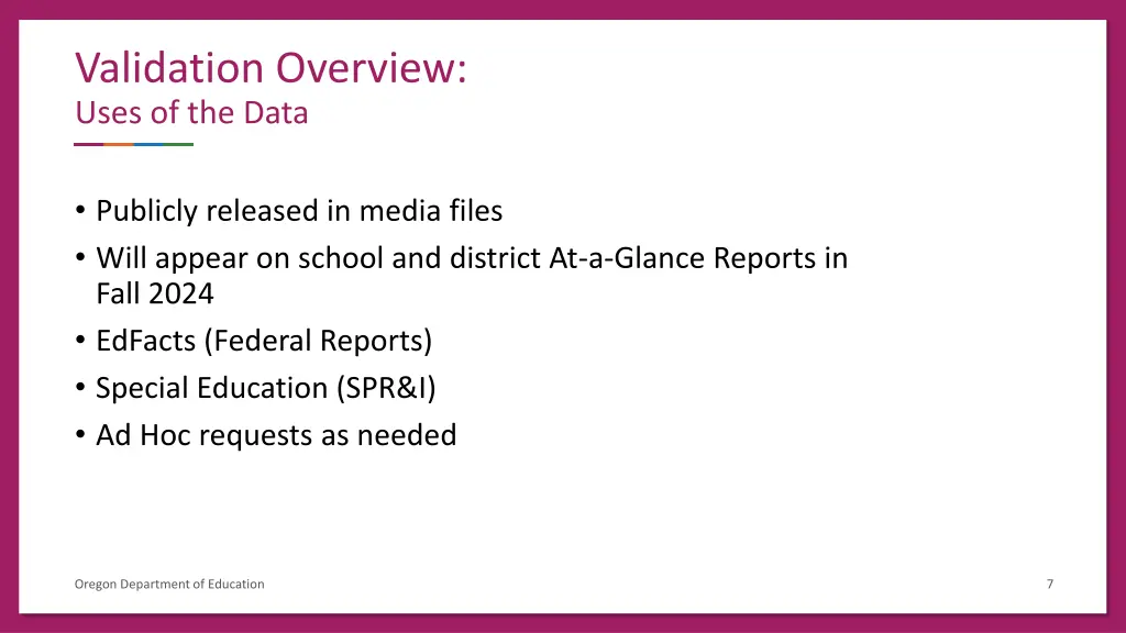 validation overview uses of the data