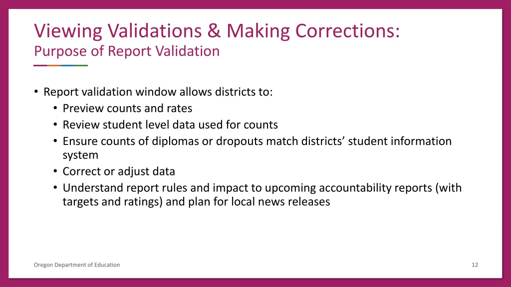 viewing validations making corrections purpose
