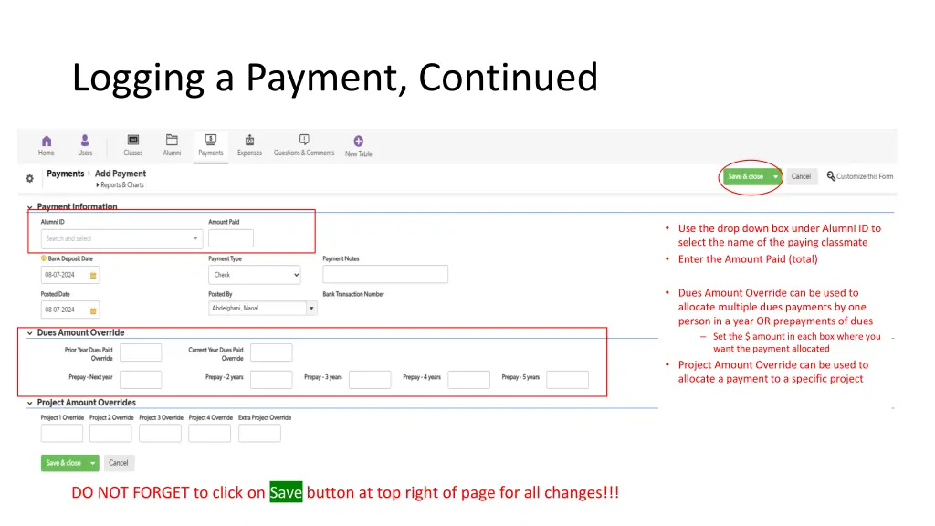 logging a payment continued