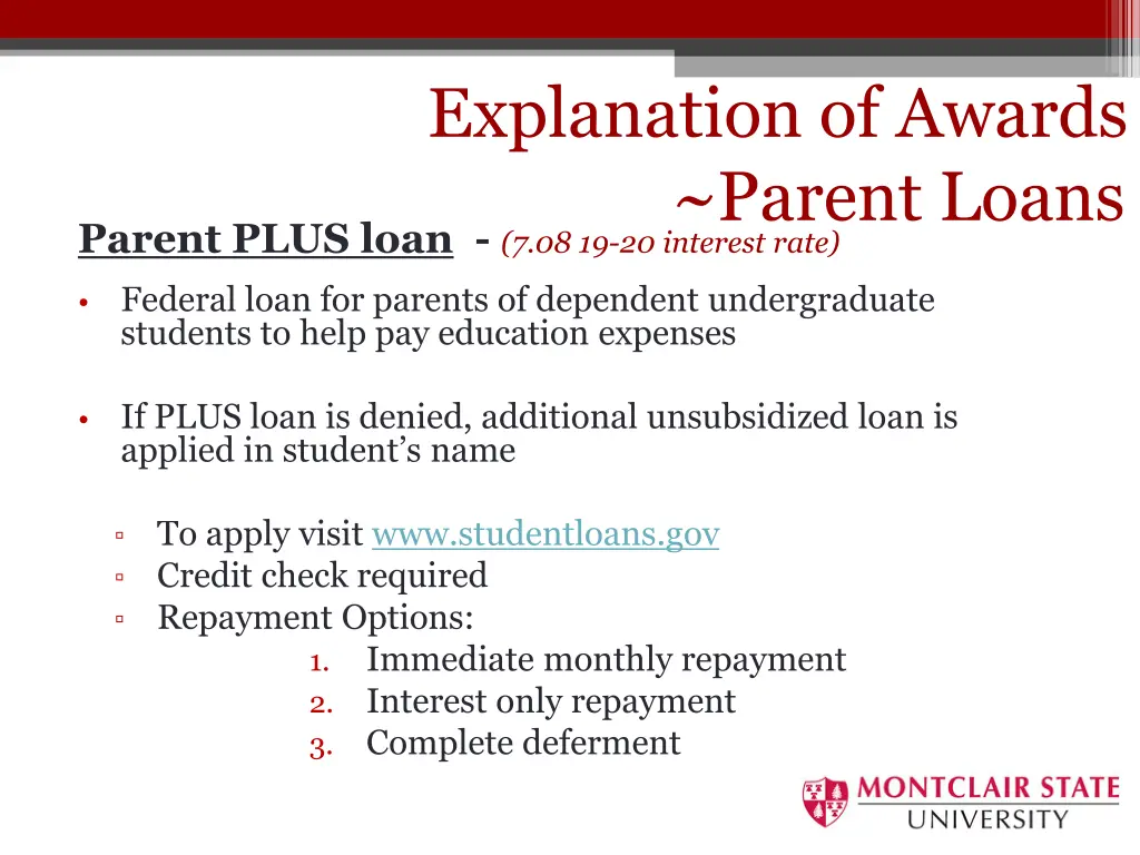 loans on award explanation of awards parent loans