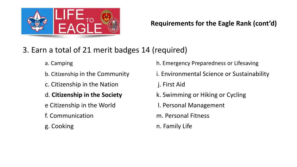 requirements for the eagle rank cont d