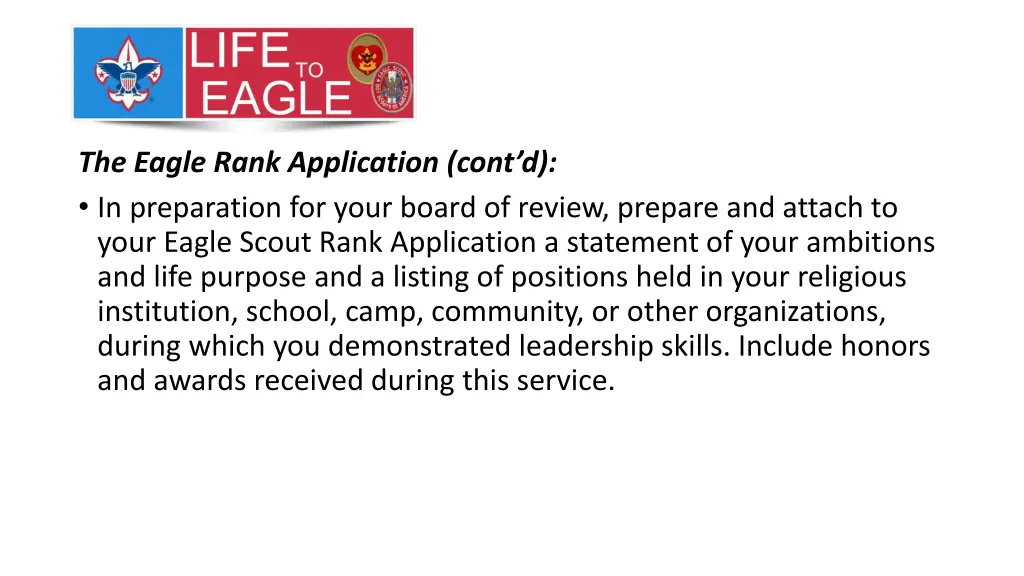 the eagle rank application cont d in preparation
