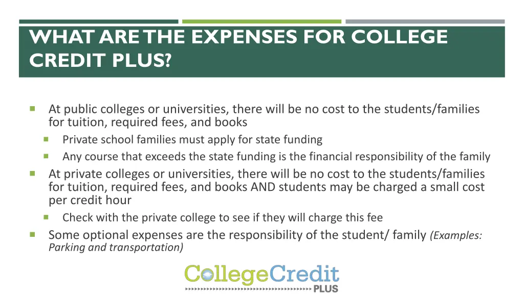 what are the expenses for college credit plus