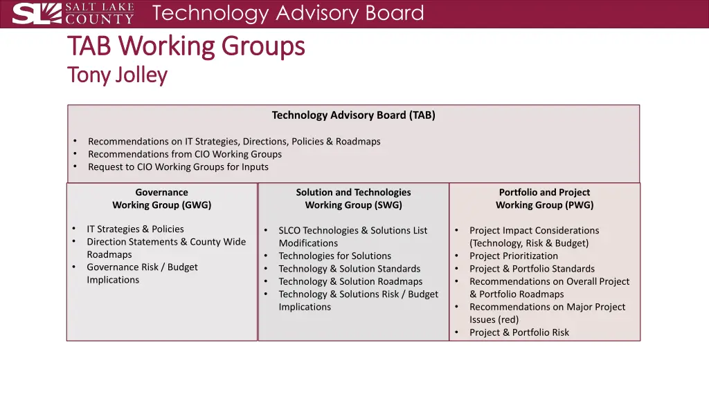 technology advisory board tab working groups