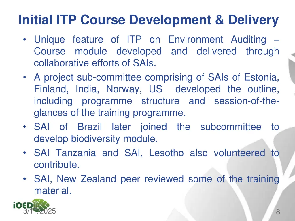 initial itp course development delivery