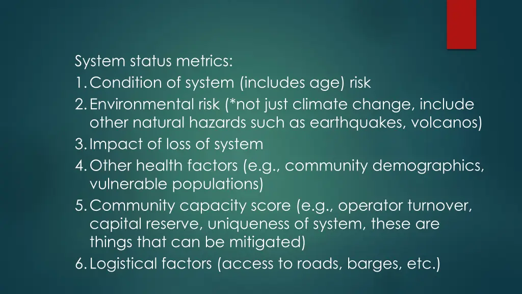 system status metrics 1 condition of system