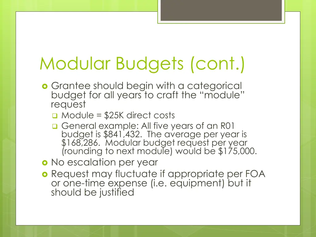 modular budgets cont