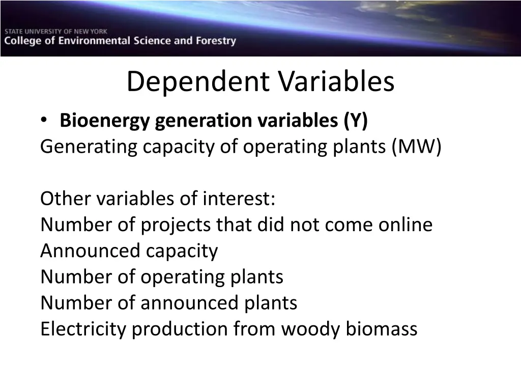 dependent variables bioenergy generation