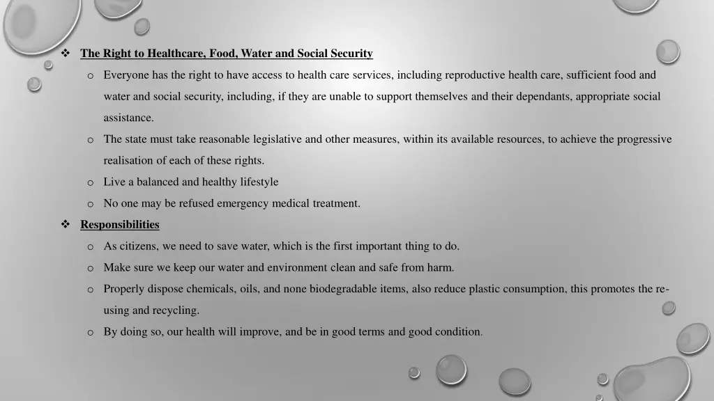the right to healthcare food water and social
