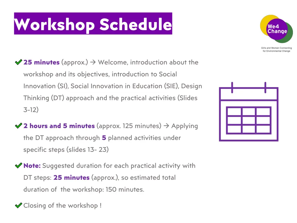 workshop schedule