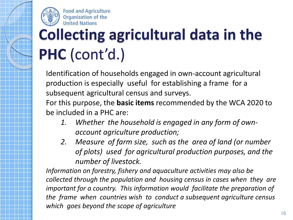 collecting agricultural data in the phc cont d