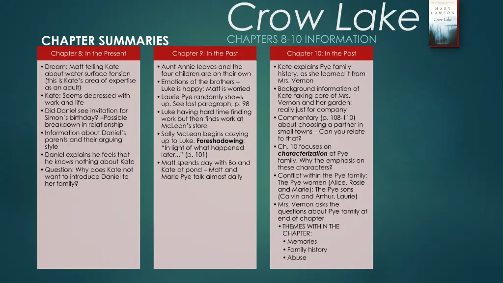 crow lake chapters 8 10 information 1