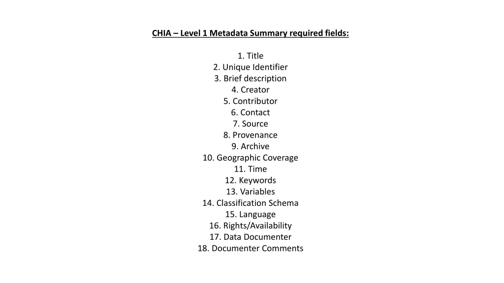 chia level 1 metadata summary required fields