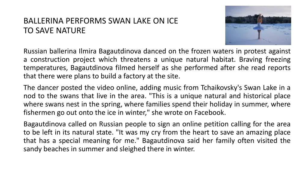 ballerina performs swan lake on ice to save nature