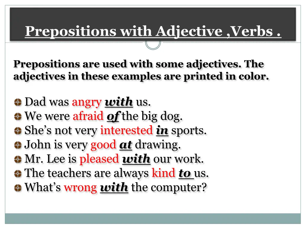 prepositions with adjective verbs