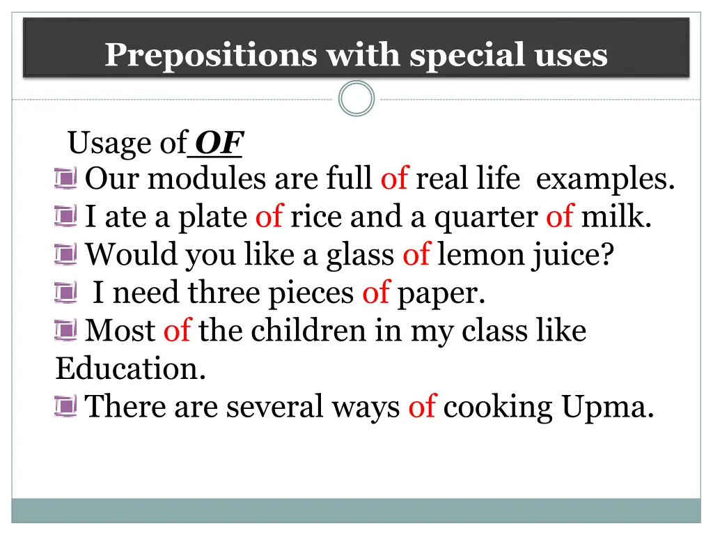prepositions with special uses