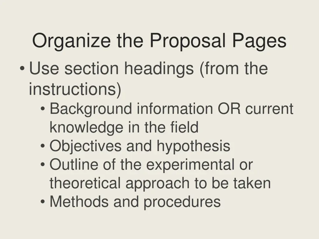 organize the proposal pages use section headings