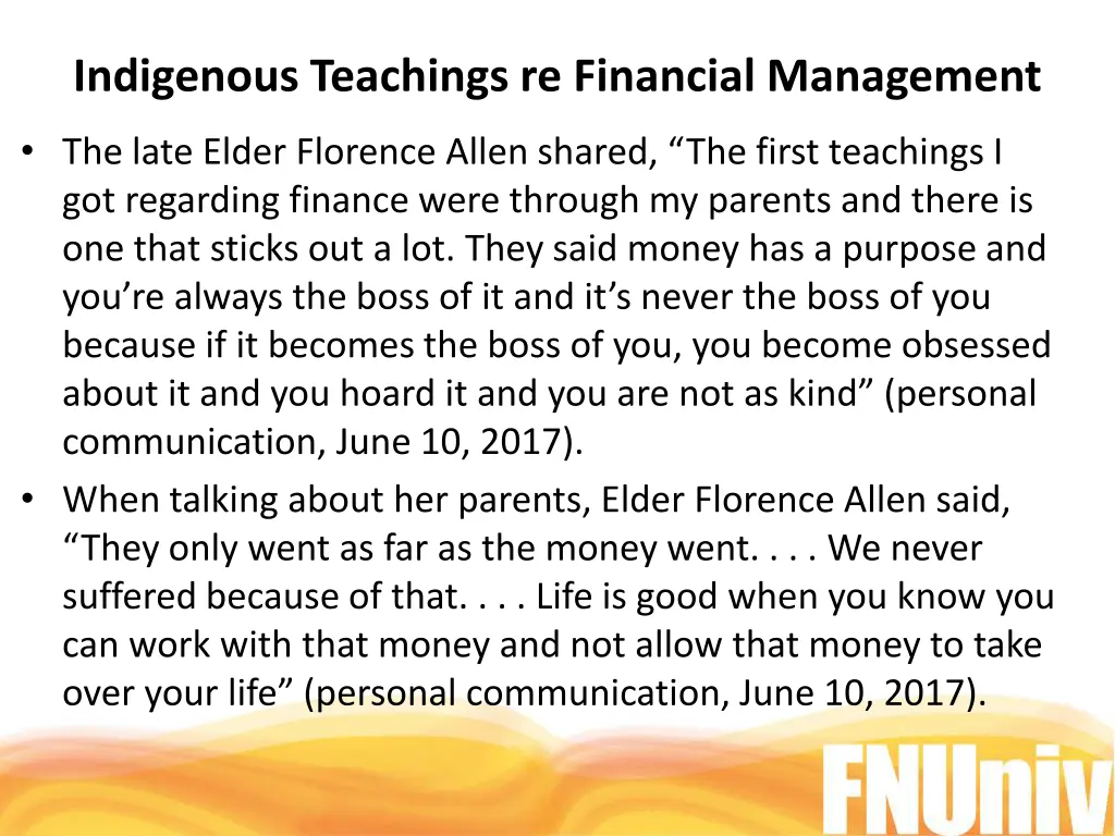 indigenous teachings re financial management