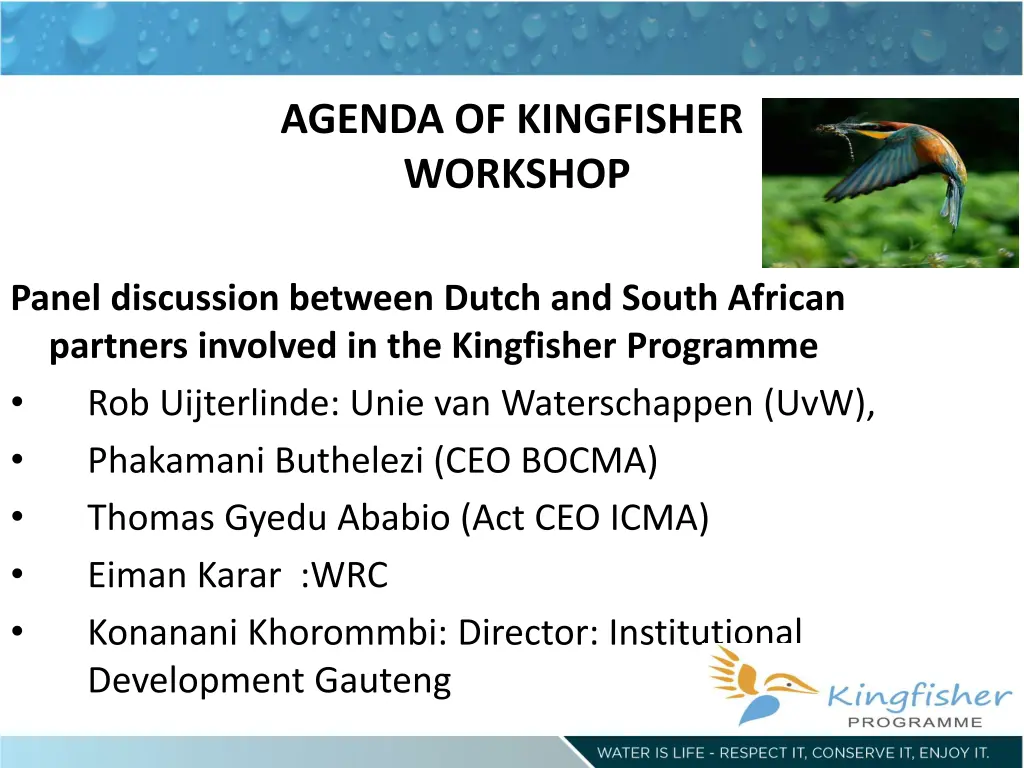 agenda of kingfisher workshop