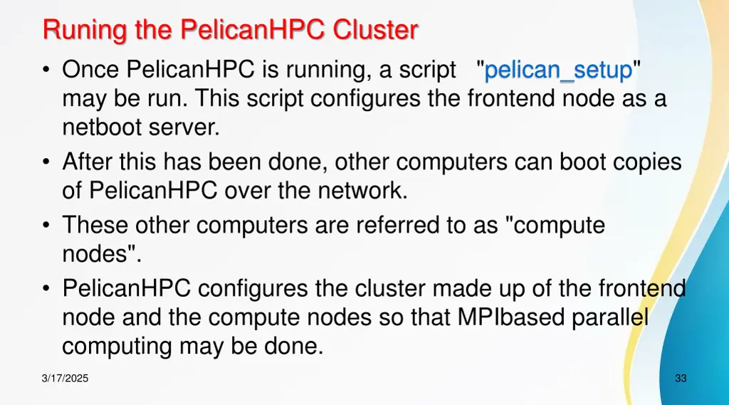 runing the pelicanhpc cluster once pelicanhpc