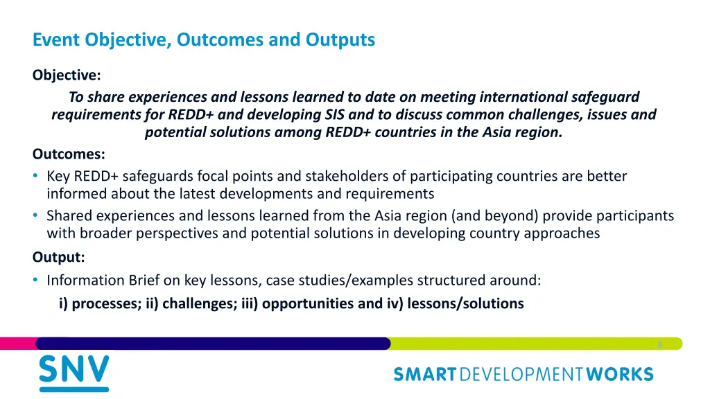 event objective outcomes and outputs