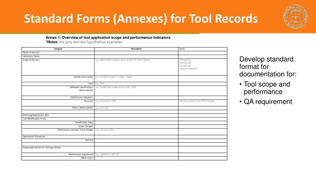 standard forms annexes for tool records