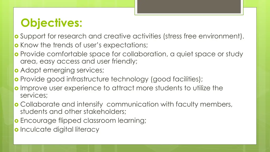 objectives support for research and creative