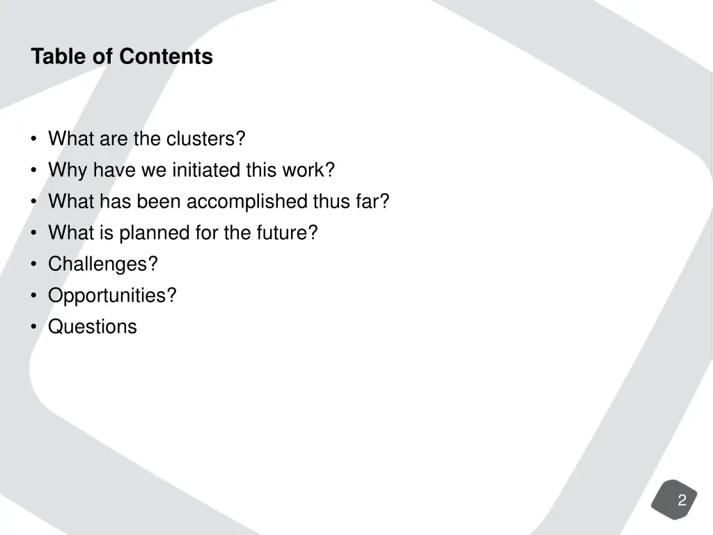 table of contents