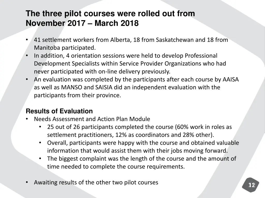 the three pilot courses were rolled out from