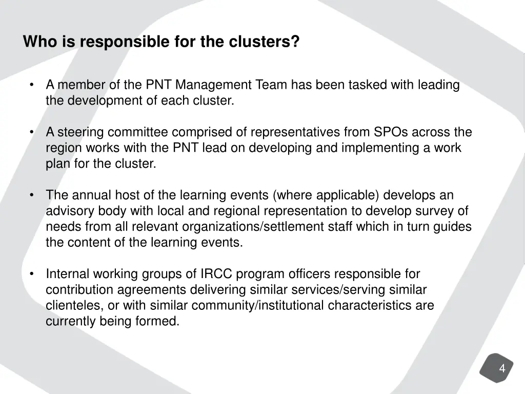 who is responsible for the clusters