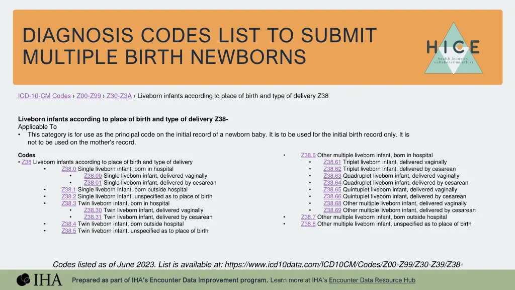 diagnosis codes list to submit multiple birth