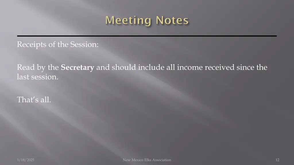 receipts of the session