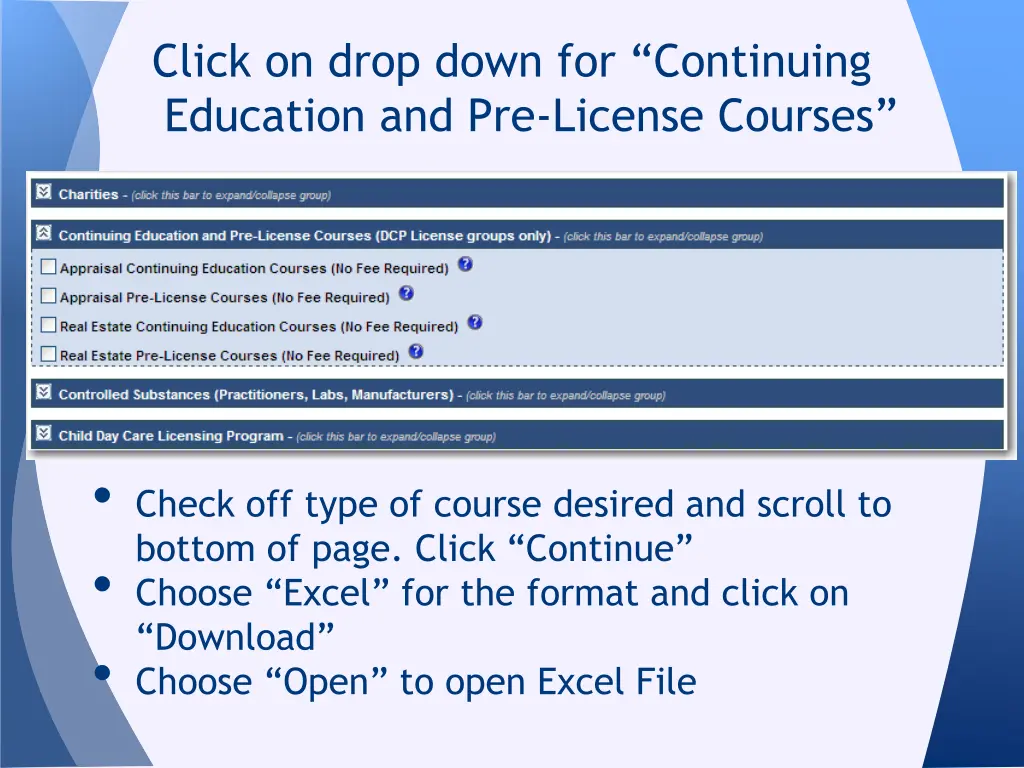 click on drop down for continuing education