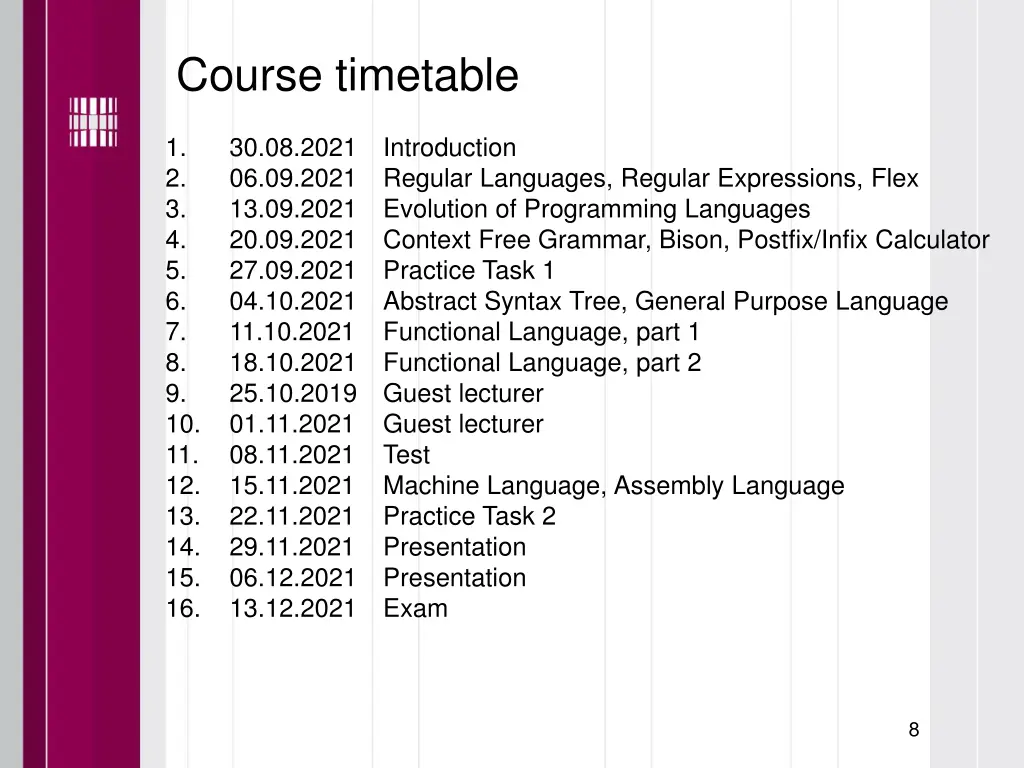 course timetable