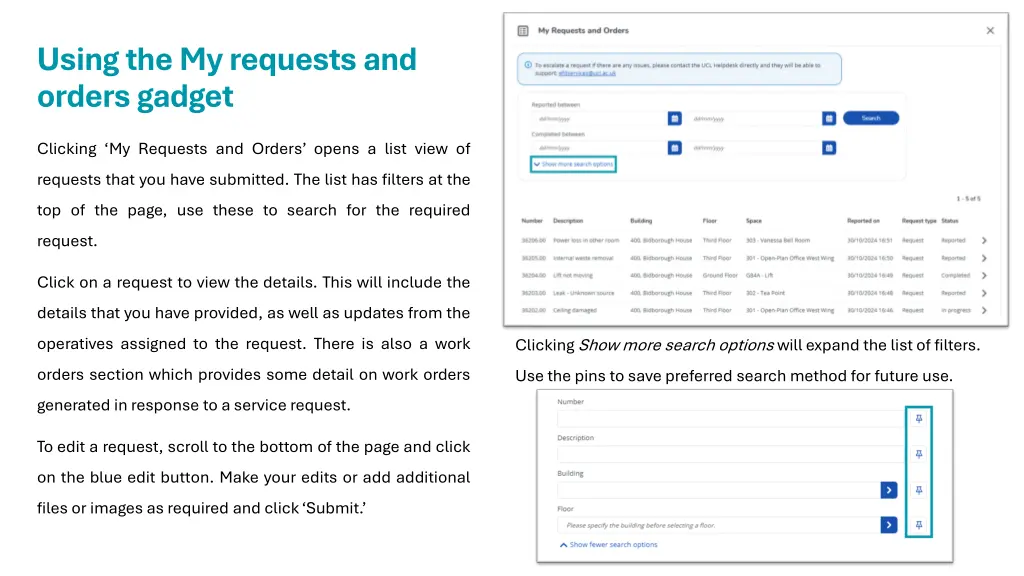 using the my requests and orders gadget