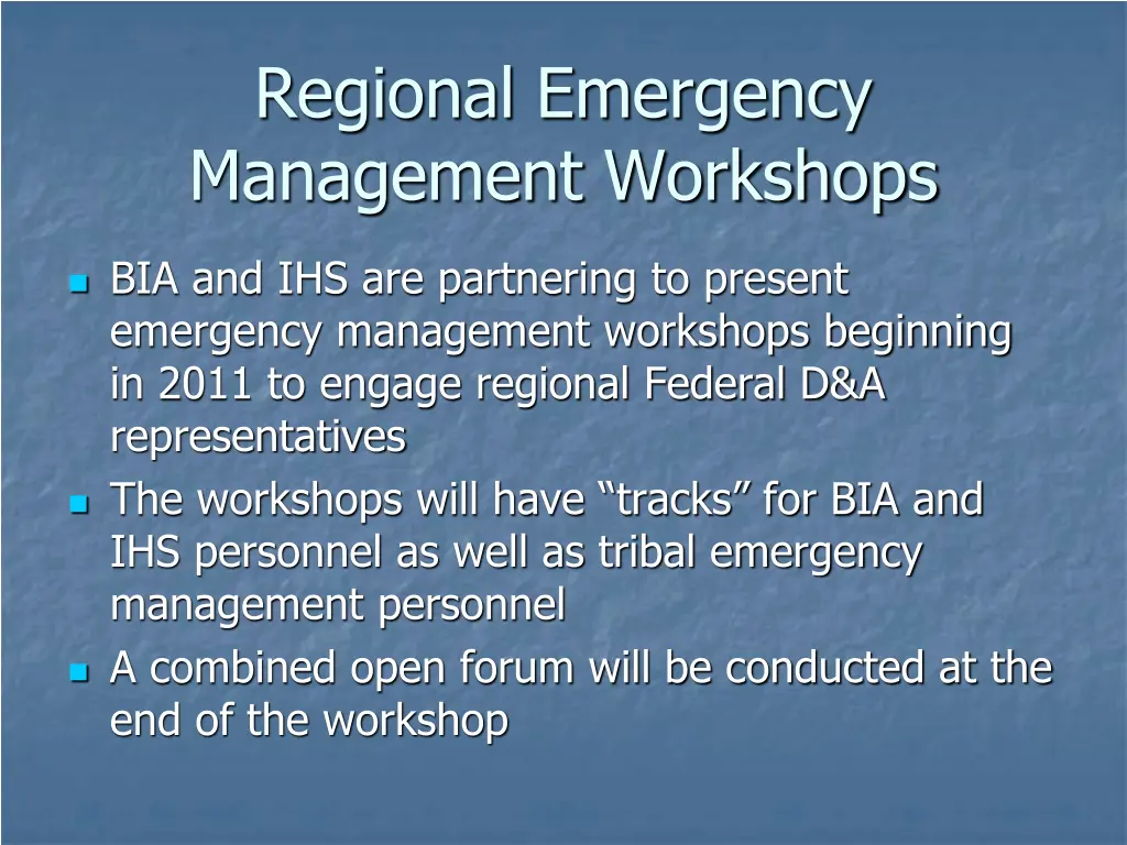 regional emergency management workshops
